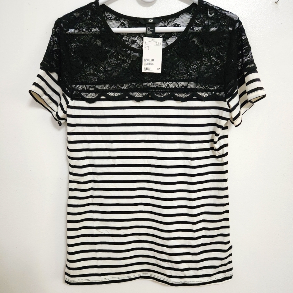 H&M • Black & White Stripe Lace Top T-Shirt, size L, NEW